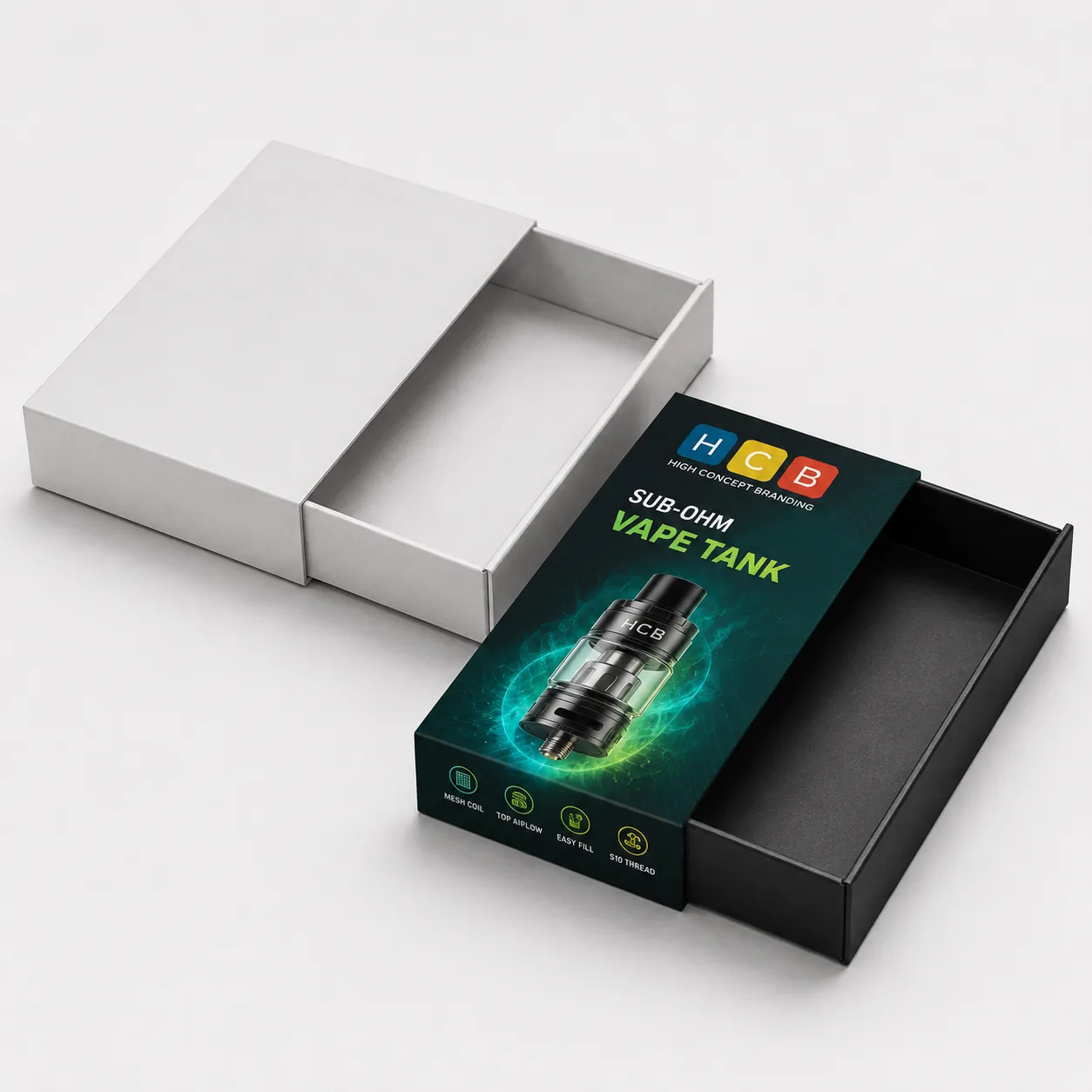 Two piece custom printed lid and base rigid boxes for vape tanks beside a plain prototype. class=